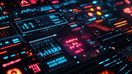 Fototapeta premium Black digital interface featuring abstract design elements, neon highlights, and tech-inspired patterns.