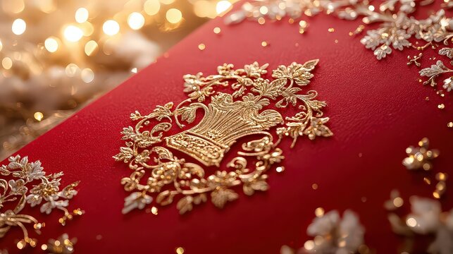classic red invitation card with a gold-embossed crest and ornate gold detailing, perfect for high-end weddings or exclusive events