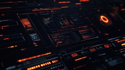 Black digital interface with abstract, tech-inspired design elements and glowing lines, modern and sleek.