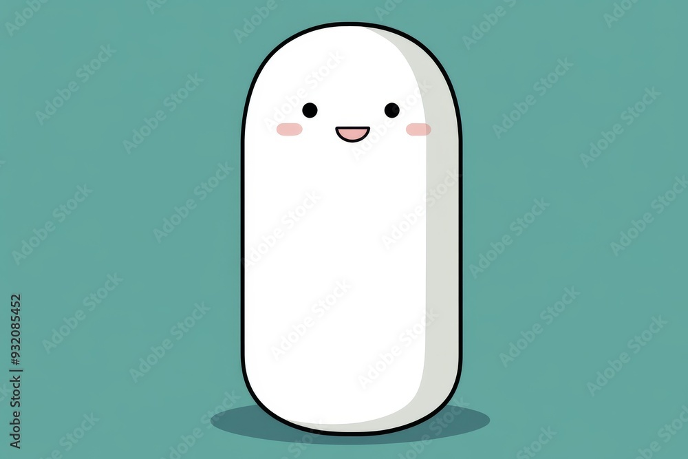 Poster minimalist capsule character with a calm expression on a blue background representing simplicity and
