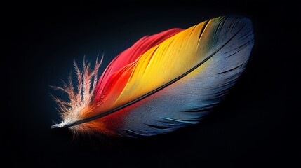 Vibrant Close-Up of Colorful Feather on Black Background - Photorealistic High Detail Macro Shot