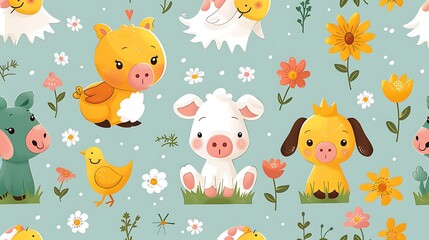 A seamless pattern of playful cartoon farm animals like cows, pigs, and chickens, frolicking in a sunny, green pasture, bright colors, detailed textures, soft sunlight, hd quality, natural look.