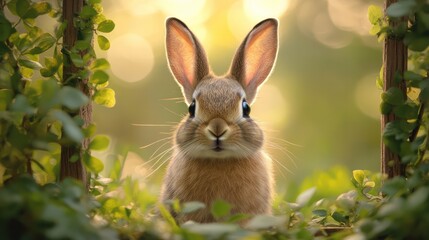Fototapeta premium A rabbit is sitting in the grass, looking at the camera. Generative AI