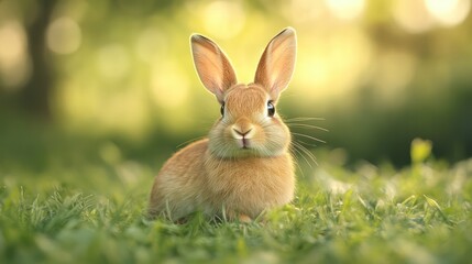 Obraz premium A rabbit is sitting in the grass, looking at the camera. Generative AI