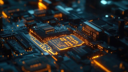 Obraz premium Close-up of a futuristic quantum computer with glowing components and subtle, mysterious shadows suggesting quantum activity.