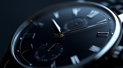 Detailed Close-Up of Silver Watch Face on Black Background in Hyperrealistic Style