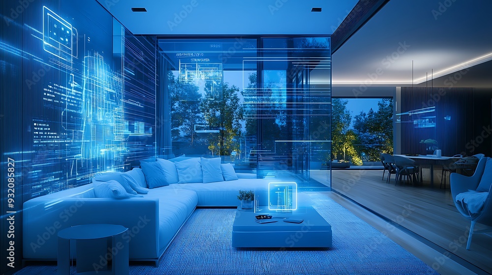 Poster an advanced ai assistant in a high-tech home featuring interactive holographic displays.