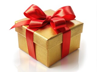 Fototapeta premium Elegant golden gift box adorned with a bright red bow and ribbon, set against a crisp white background, perfect for festive holiday and celebratory occasions.