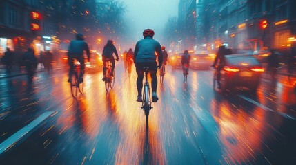 blurred silhouettes of cyclists weaving through city streets at twilight layered exposure creating sense of movement and urban energy