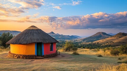 A small, colorful hut sits in a grassy field. The hut is surrounded by a lush green field and a mountain range in the background. The sky is cloudy. Generative AI