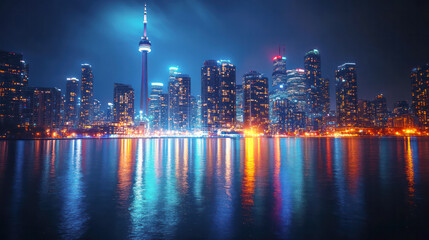 Fototapeta premium skyline at night with colorful light. Generative AI