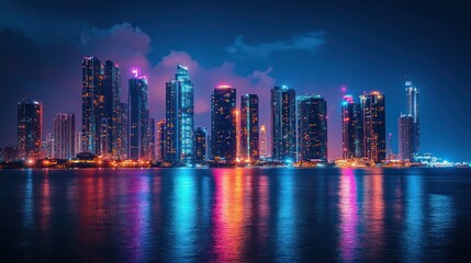 Fototapeta premium skyline at night with colorful light. Generative AI