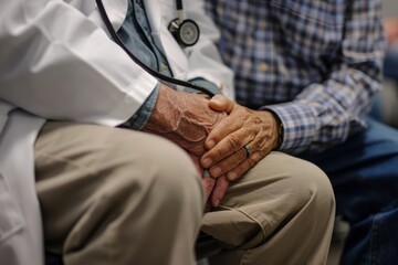 Obraz premium Elderly patient sitting with doctor in clinic, holding hands, close-up view. Concept of compassion in healthcare. Warm and supportive scene. Professional medical care setting. Generative AI
