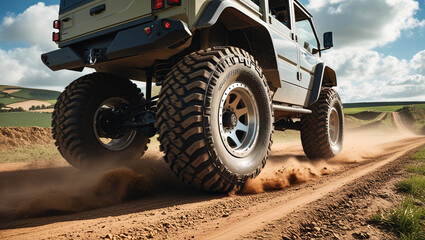 Obraz premium A closeup of rugged truck wheels in motion, kicking up dust along a dirt path