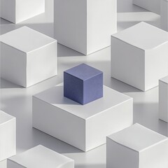 Single Blue Cube Amidst White Cubes in Minimalist Composition
