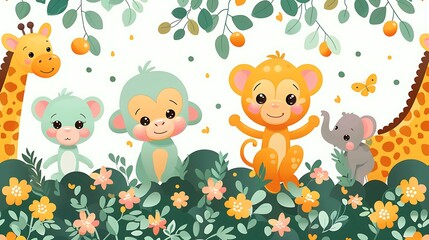A seamless pattern of playful cartoon monkeys swinging from acacia trees, with giraffes and elephants grazing nearby, warm tones, dynamic poses, soft shadows, hd quality, natural look.