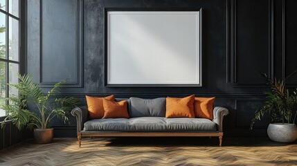 A large White framed picture hangs on a wall in modern and minimalist design room. Generative AI