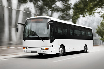 Modern Coach Bus Driving Through Urban Street