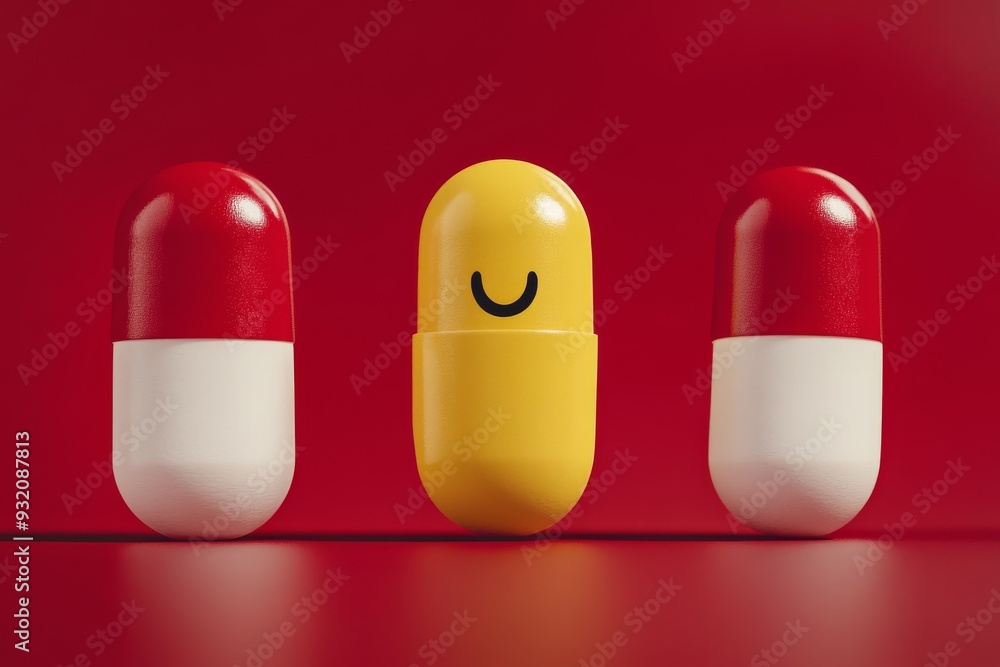 Aufkleber two yellow and red capsules with happy faces on a red background representing the importance of joy 