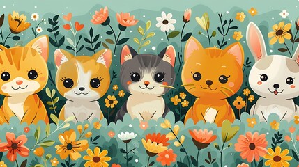 Fototapeta premium A seamless pattern of playful cartoon puppies, kittens, and bunnies rolling in a field of flowers, vibrant colors, detailed fur textures, gentle sunlight, hd quality, natural look. --ar 16:9 --v 6.