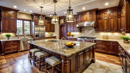 Elegant kitchen featuring rich wood custom cabinets with ornate hardware, granite countertops, and stainless steel appliances, creating a warm and inviting atmosphere.
