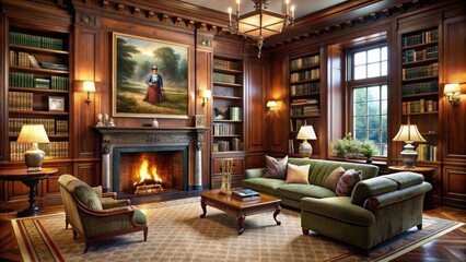 Elegant library features rich wood paneling, comfortable seating, and a stunning oil painting above a marble fireplace, exuding sophistication and refinement.