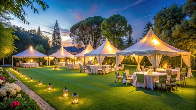 Elegant lawn setting with sleek white tents, refined outdoor seating, and stylish lighting, ideal for upscale company gatherings and sophisticated networking events.