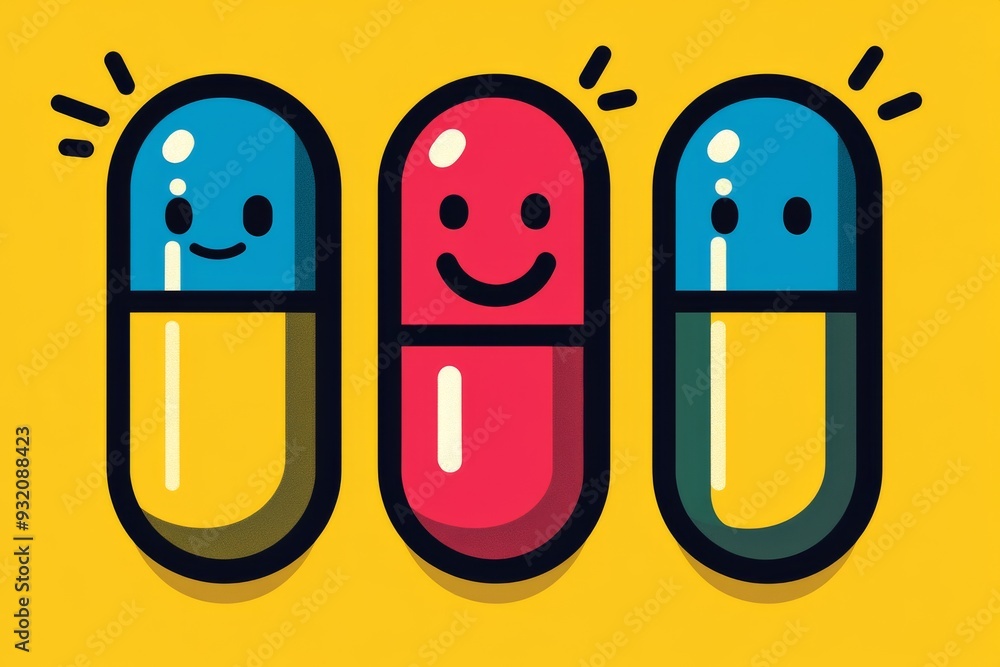 Poster three cartoonish capsules in primary colors with smiling faces on a yellow background symbolizing th