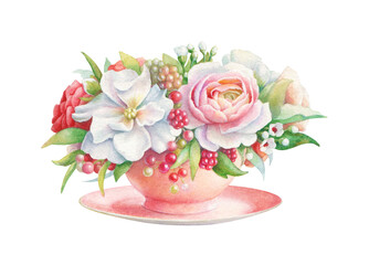 Beautiful watercolor illustration of a bouquet in a red cup isolated on white background