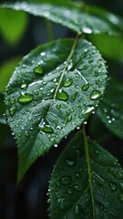 Green leaf with raindrops, forest in the background, bokeh background.