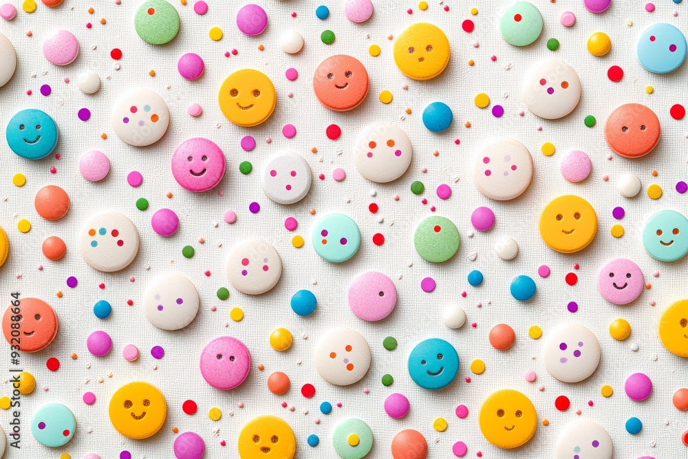 Poster a multitude of small multicolored smiling pill faces arranged on a white background representing the