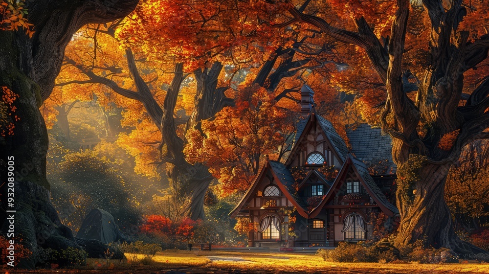 Poster an enchanting view of a house in autumn, with surrounding large trees in a blaze of fall colors, sof