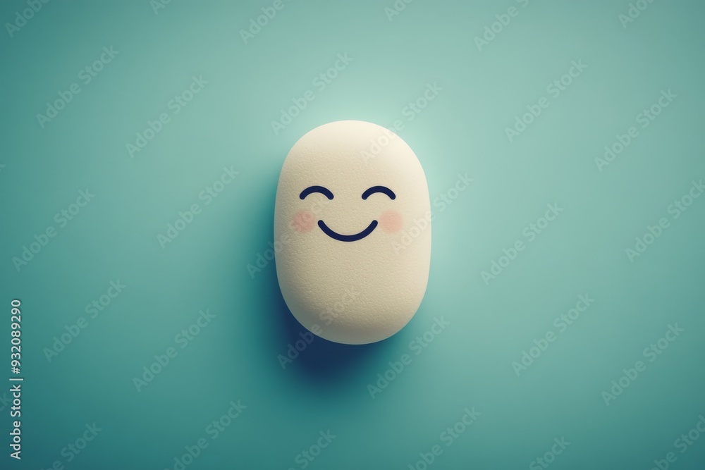 Poster a single smooth white pill with a subtle smile on a teal background symbolizing the gentle and effec