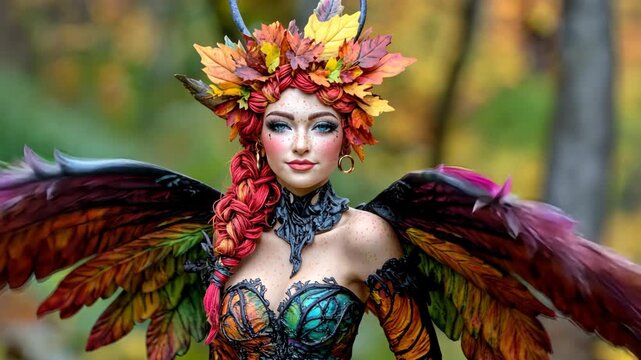 A stunning fairy queen adorned with autumn leaves and vibrant wings captivates the forest landscape, radiating a magical aura amidst the colorful foliage