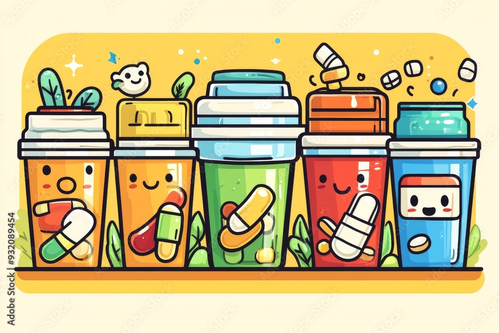 Poster a lineup of five diverse pill bottles with happy faces on a yellow background emphasizing the variet