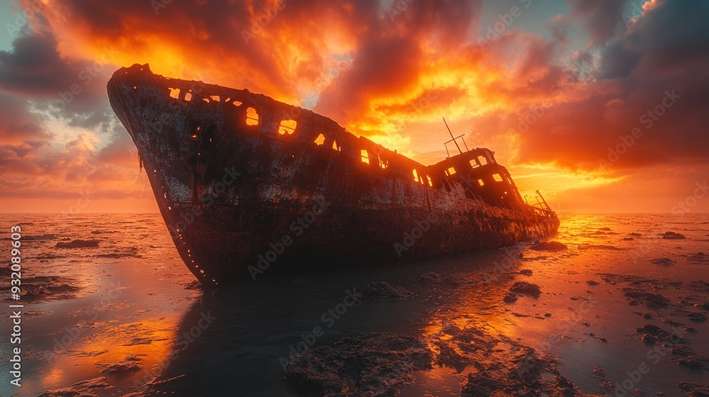 Poster shipwreck at sunset