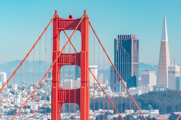 Fototapeta premium Golden Gate Bridge with city skyline background. This image captures an iconic and famous structure. Ideal for editorial and commercial use. Generative AI
