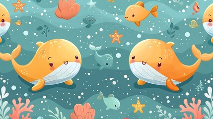 Naklejka premium A seamless pattern of playful cartoon whales and dolphins swimming together in a bright blue sea, with starfish and coral in the background, rich oceanic colors, soft shadows, hd quality,