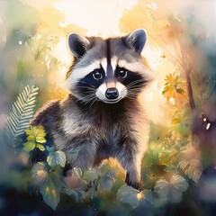 Obraz premium Watercolor Racoon in a Garden, Rain