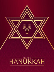 Golden text Happy Hanukkah, menorah and star of David on red background. Elegant festive design for greeting card or poster for Jewish celebration Hanukkah.