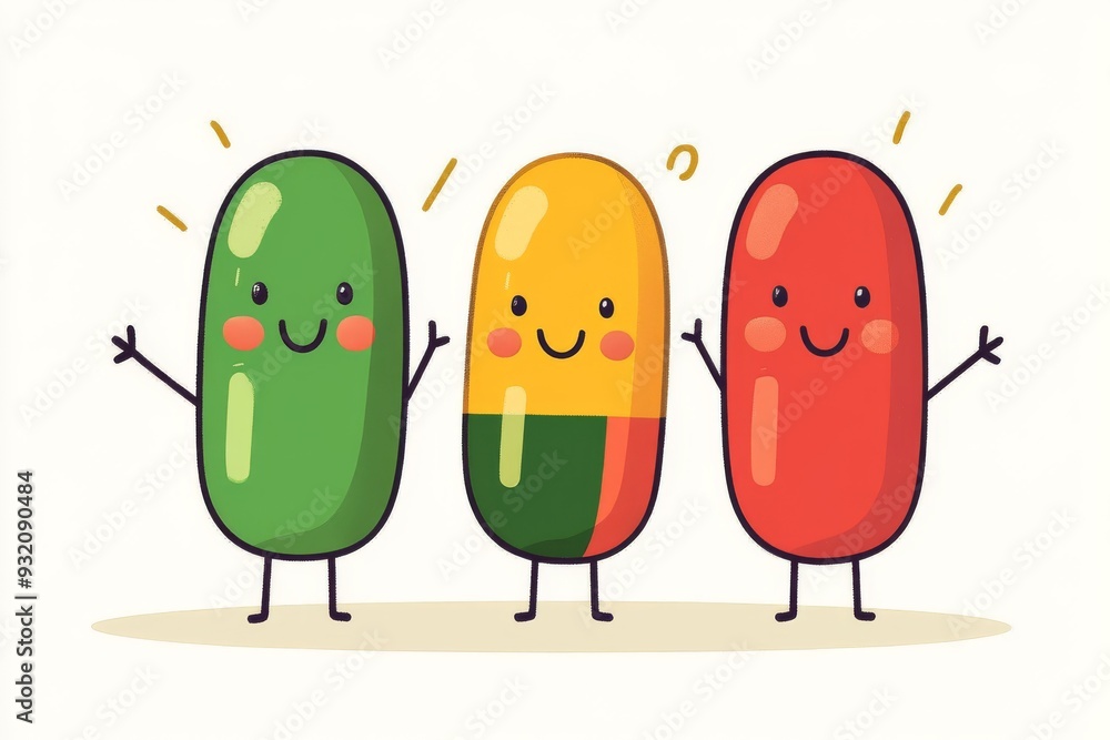 Poster four cheerful pill characters in different colors on a white background symbolizing the diversity an