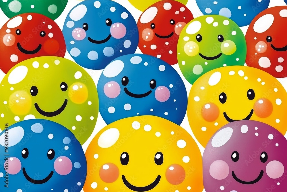 Poster a group of smiling pill characters with polka dot patterns representing the playful and joyful side 