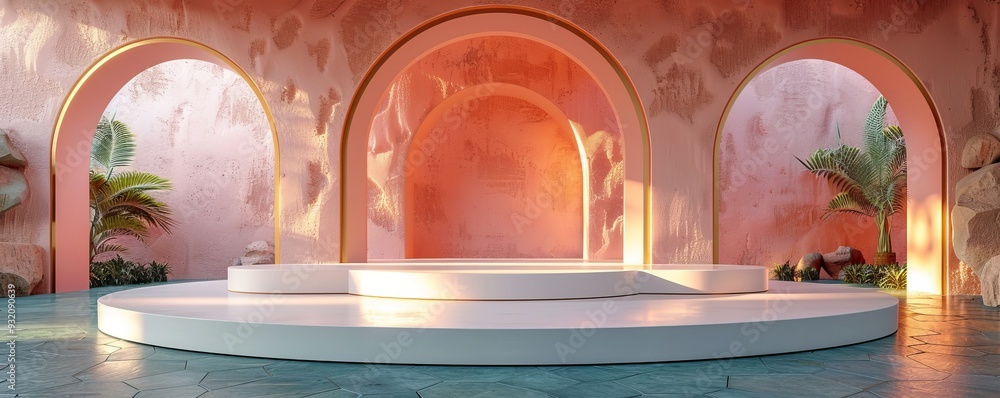 Aufkleber minimalist stage design with three podiums in an elegant architectural setting with arches and palm 