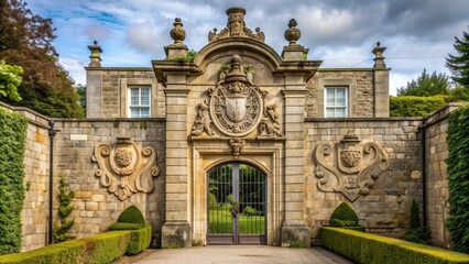 Fototapeta premium Elegant stone wall displays a centuries-old family crest, a symbol of heritage and tradition, above a grand entranceway in a majestic country estate.