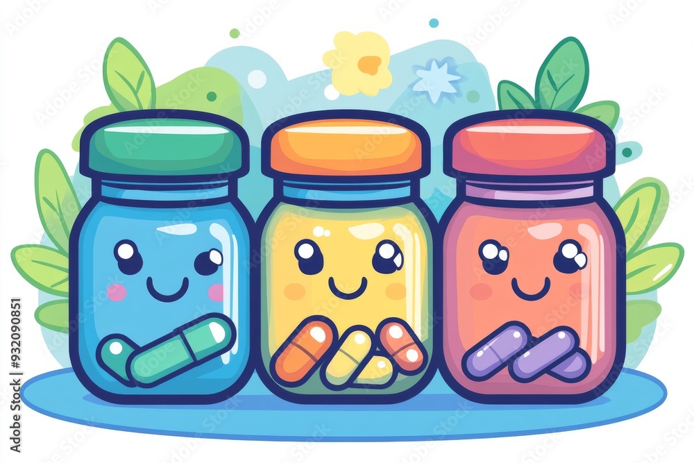 Poster three happy pill bottles with smiling faces on a light blue background emphasizing the cheerful and 