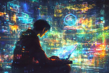 A digital artist works intently at a laptop surrounded by colorful data and visual graphics. The abstract design represents technology and creativity. It conveys a modern and innovative style. AI
