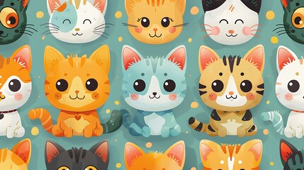 A seamless pattern of whimsical cartoon cats and dogs, dressed in quirky outfits and playing with toys, vibrant colors, detailed fur textures, playful expressions, soft shadows, hd quality,