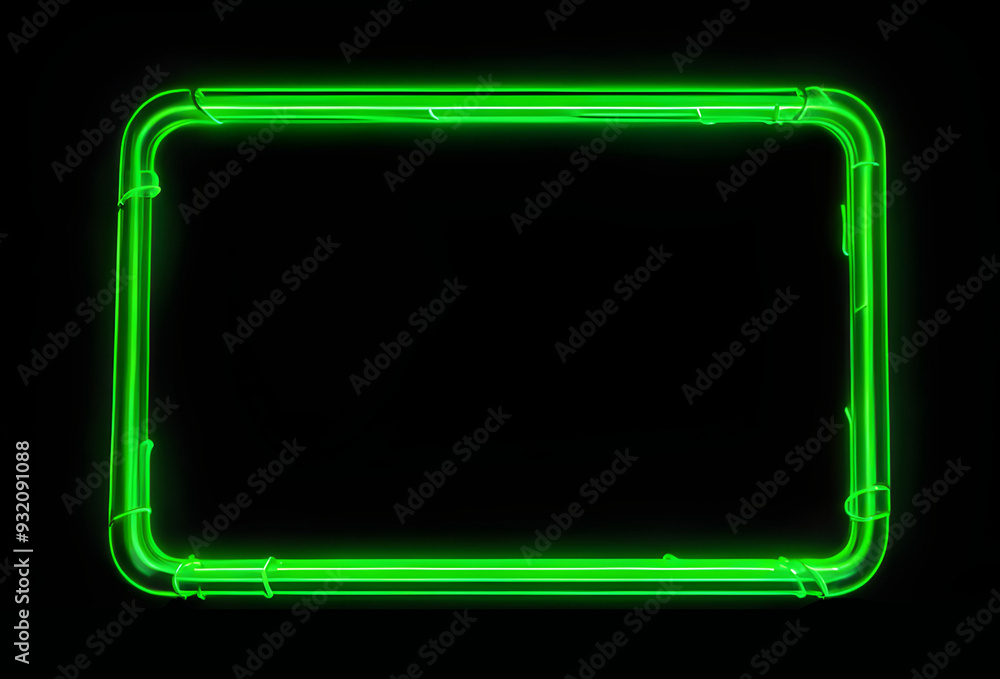 Wall mural glowing green neon frame on a black background. light effect overlay