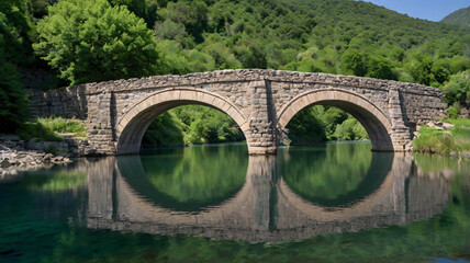 Fototapeta premium Ancient Stone Bridge with Reflective Arches Spanning a Calm River Amidst Lush Greenery and a Clear Blue Sky