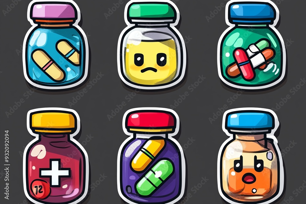 Aufkleber four colorful pill bottles with different expressions on a black background representing the diverse